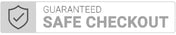 Gray shield-shaped checkout guarantee label with checkmark and text ’guaranteed safe checkout’ in white on a light background.