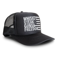 Load image into Gallery viewer, Whiskey Steak Guns &amp; Freedom Trucker Hat Mesh Cap - Black
