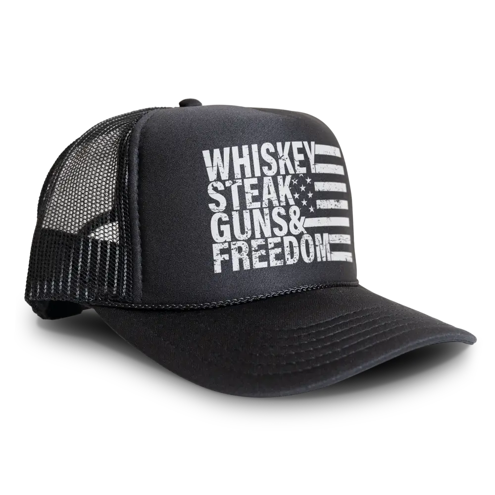 Whiskey Steak Guns & Freedom Trucker Hat Mesh Cap - Black