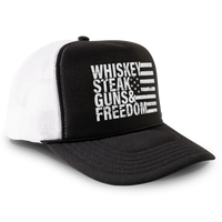 Load image into Gallery viewer, Whiskey Steak Guns &amp; Freedom Trucker Hat Mesh Cap - Black

