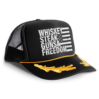 Load image into Gallery viewer, Whiskey Steak Guns &amp; Freedom Trucker Hat Mesh Cap - Gold
