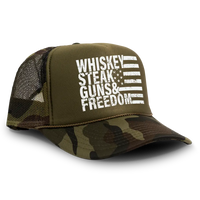 Load image into Gallery viewer, Whiskey Steak Guns &amp; Freedom Trucker Hat Mesh Cap - Green
